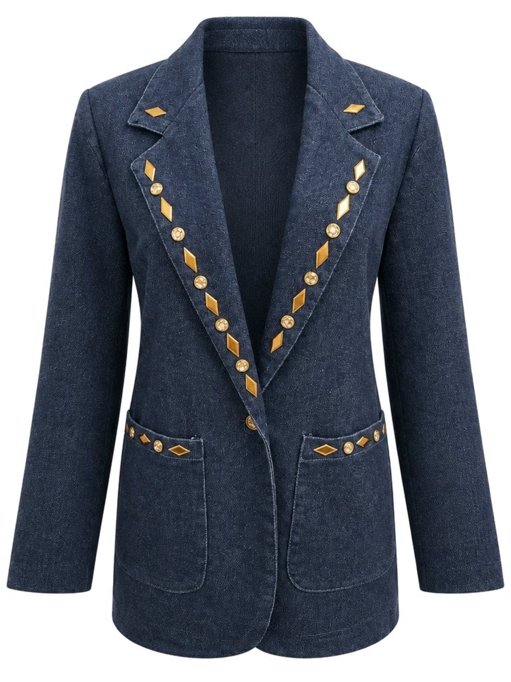 Vintage Danielle USA Denim Blazer Jacket Medium Gold Studded Western Glam 80s 90